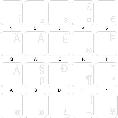 Etiquetas de teclado internacional em inglês dos EUA com letras brancas em fundo transparente para desktop, laptop e caderno