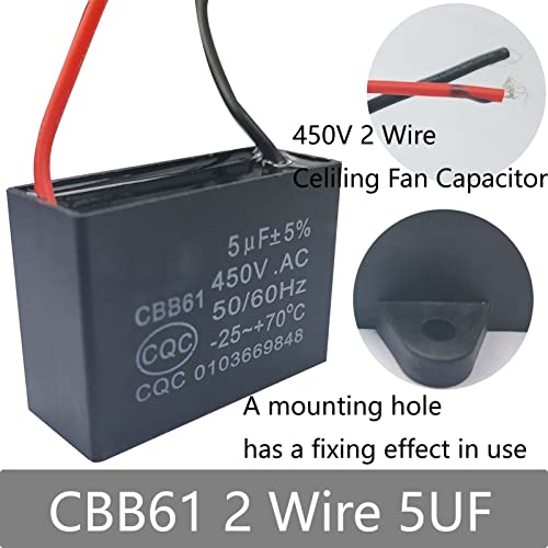 Capacitor de ventilador de teto CBB61 2 fios 5UF compatíveis com capacitor de ventilador 400/350/300/250VAC 50/60Hz CBB61-5