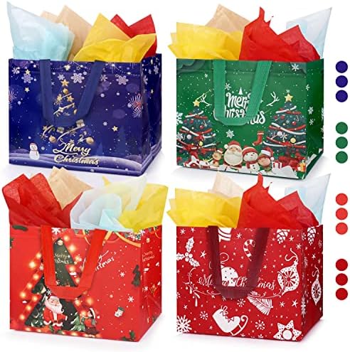 Sacos de presente de Natal Anotion, 12 Pacote de bolsas de Natal de 12 pacote de Natal com alça, bolsas de natal reutilizáveis