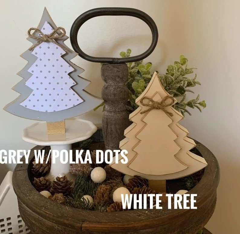 Árvores de Natal, árvores de madeira fofas, decoração de férias, cheque de búfalo, decoração de Natal da fazenda, decoração de bandeja de camadas, prateleira de Natal