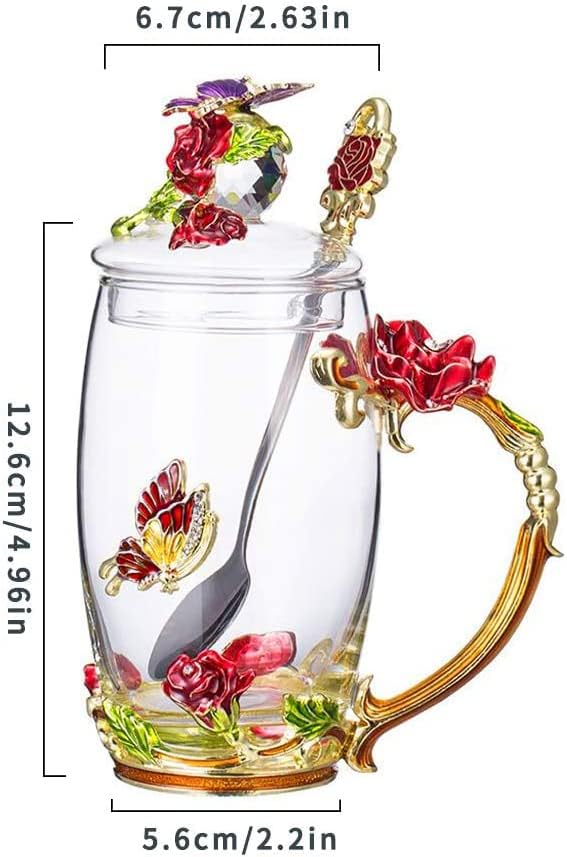 Copo de chá de vidro caneca de café, copo de flores de artesanato em 3D de artesanato com montanha -russa e colher de chá, borboleta exclusiva e design de esmalte de rosa vermelha, melhor decoração de presente