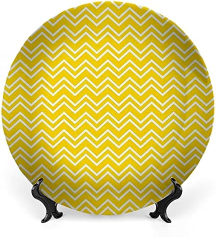 Placas decorativas de Ligutars, ornamento de impressão de decoração amarela, padrão de Chevron em Zig Zag em amarelo e branco, 7 polegadas, 1 placa com 1 suporte de exibição, amarelo e branco