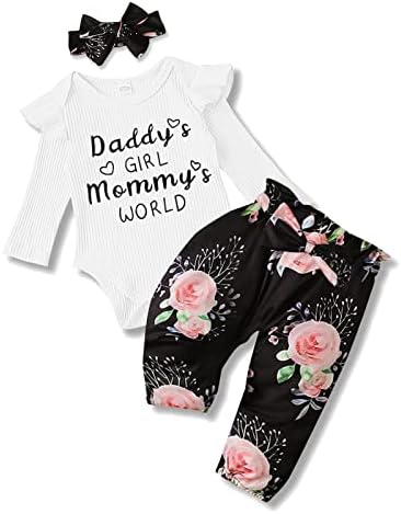 Dooleck recém -nascido roupas de roupas de roupas com nervuras com nervuras + calças florais + faixa de flores 3pcs roupas de bebê para meninas