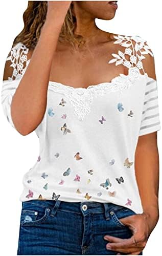 Blouses de ombro frio de manga curta feminino V Lace de pescoço Butterfly Relaxed Fit Bloupshole Bloups camiseta Senhora Bs