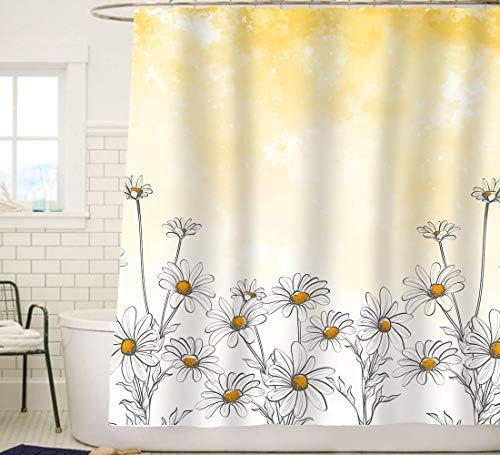 Cortinas de chuveiro de tecido de flor de design solar, lindas margaridas decoração do banheiro com fundo amarelo