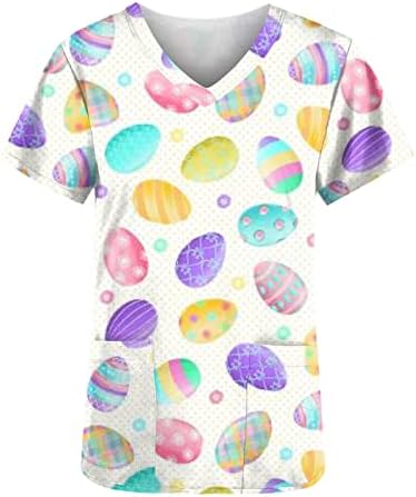 Camisetas de esfoliação da Páscoa feminina com bolsos ovos de bunny ovos gráficos de trabalho uniforme camisetas top s Sexy V Neck Pullover