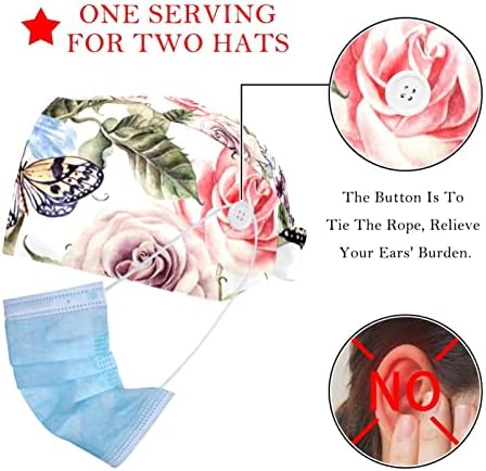 2 pacotes abstratos de rosas florais de puleio manual com botões para mulheres/homens banda de moletom amarração ajustável para trás chapéus bouffant