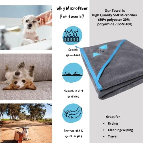 PENNY & NIKO Multi Finalis Microfiber Pet Tootes e Mitt Conjunto - Gato, Toalha de secagem de cães/manto com capuz e luvas de limpeza de pata - 30x30 polegadas - toalha cinza/luva azul