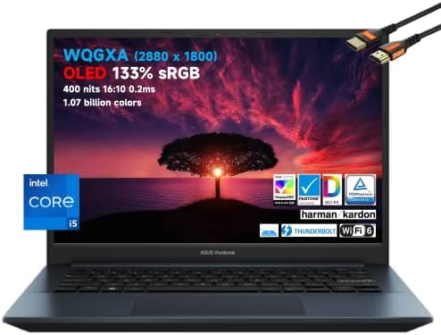 ASUS Vivobook Pro 14 OLED WQGXA Slim Laptop, Intel Core i5-11300h até 4,4 GHz, 16:10 400 nits 133% SRGB Pantone, Harman/Kardon, Backlit, Thunderbolt 4