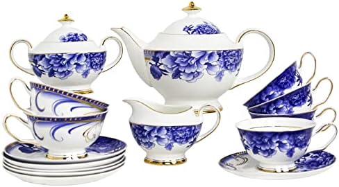 Conjunto de chá da China Ossos de ACMLIFE para adultos, Conjunto de chá floral vintage, com peônia azul, conjuntos de chá
