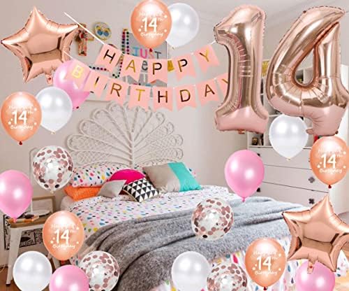 14º aniversário decorações de ouro rosa para meninas, bandeira de 14º aniversário Rose Gold Número 14 Aniversário Balões Balões de