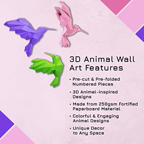 3D Papel Animal Wall & Art Decor - Kits de modelos de animais pré -dobrados e pré -cortados 3D - 250 GSM Indaturado 3D Origami