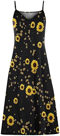 Vestido de vestido de verão feminino maxi vestido de mangas compridas de girassol com tira de espaguete estampado vestido