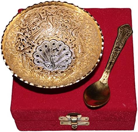 Tigela circular de pavão de bronze crafticia com colher de artesanato decorativo item de presente
