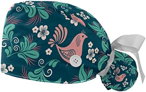 2 pacotes de tampa de trabalho com o botão para mulheres longas cabelos longos e elásticos tacadas amarradas chapéus bouffant tampa de pato flor