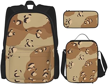 Conjunto de mochila de três peças do deserto camuflada, bolsa de lancho de backpack de bolso, bolsa de caneta, bolsa