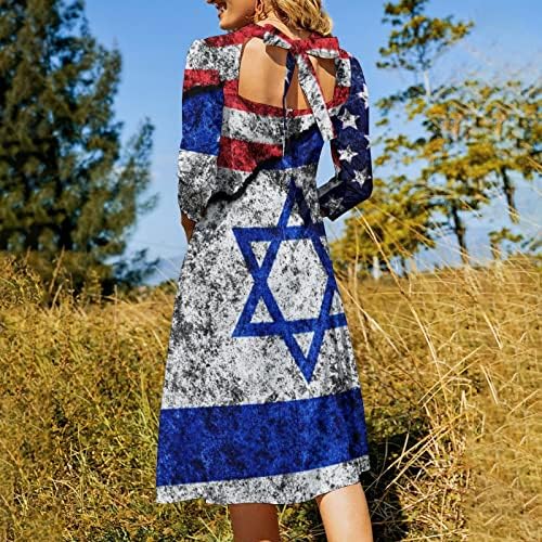 EUA e Israel em um vestido casual de verão feminino rachado Vestido de manga de gola alta em v alcance-de-júrio flare midi