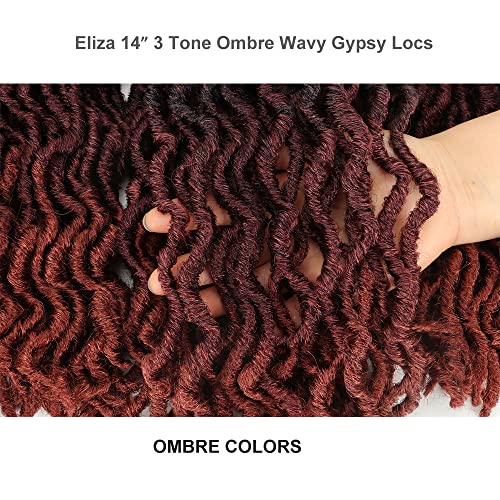 Eliza 14 polegadas ondulada Locs Ombre Red Locs Cabelo de crochê 8 pacotes deusa Faux Locs Crochet Hair Raízes Africanas Remelhando Extensões de Cabinetes para Mulheres Negras