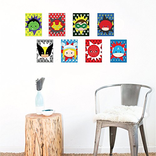 Decoração infantil de sala de jogos, super -heróis oito conjunto de impressão de 08x10 polegadas para crianças, decoração do berçário