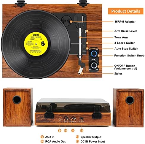 Record player de vinil com alto-falantes externos, toca-giragem Bluetooth de 3 velocidades para registros de vinil, tocador de