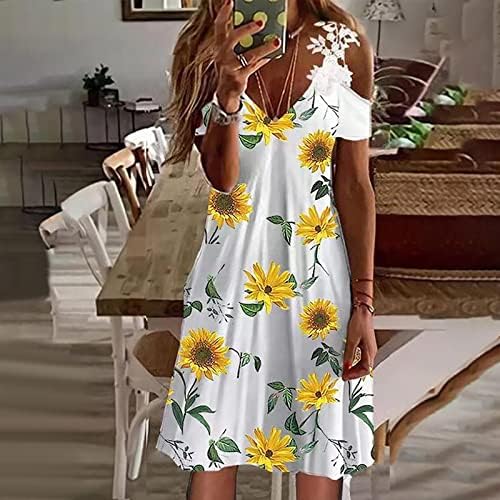 Vestido de praia feminino verão de verão casual slim draw back de manga curta renda aplique vestor midi de decote em vil de decote em