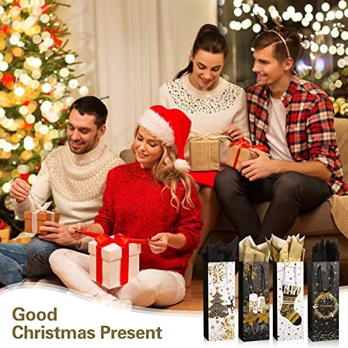 Sacos de presente de vinho de Natal Sacos de garrafa de vinho a granel com alças folhas de ouro e bolsas de presente de papel de papel