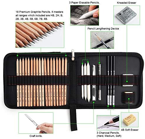 29 peças Sketch Professional e Kit de ferramentas de arte de desenho com lápis de grafite, lápis de carvão, caneta apagável