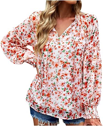 Feminino boho impressão floral v pescoço tops casuais mangas compridas camisas de cordão elegante blusa de chiffon solteira