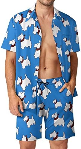 WeedKeyCat Scottie Dog Men's Beach Roupfits 2 peças Button Hawaiian Down Camisa Manga curta e shorts
