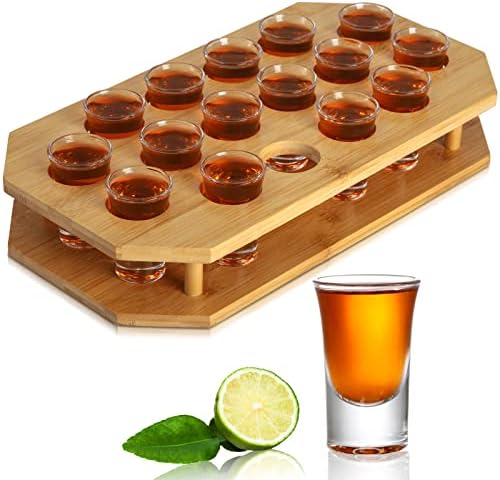 SoUjoy Shot Glass Set com 16 copos de tiro, bandeja de porção de vidro de 1 onça, suporte de servidor de bambu de base pesada