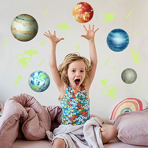 Toyvian brilho nas estrelas e planetas escuros, adesivos de parede do sistema solar brilhante, 15 decalques de teto brilhantes para o quarto, Sun Earth Mars e assim por diante, decoração espacial brilhante para crianças e meninos, 140pcs