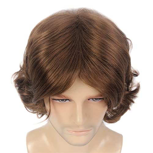 Yfqhdd marrom natural natural peruca masculino, mecanismo de fibra, bonito e moda no meio da peruca de cabelo curto masculino