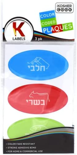 Placas variadas de hebraico kosher - 6 pacote para laticínios, carne e Parve - Construção durável - rótulos de cozinha codificados por cores do cozinheiro kosher