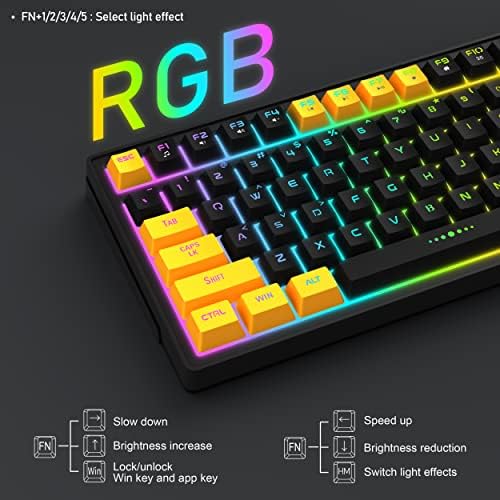 Teclado sem fio para jogos, 2,4g de teclado recarregável RGB com retroilumação, teclado de calça de cor mista preta e amarela