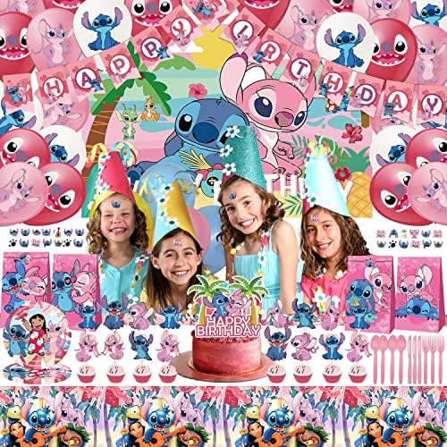 Decorações de aniversário de ponto Os suprimentos de festa para meninas incluem banners, pratos, cenário, toppers de bolo, recuperação de mesa, utensílios de mesa, adesivos, balões, festas de aniversário temáticos de desenhos animados rosa para 2-9 crianças