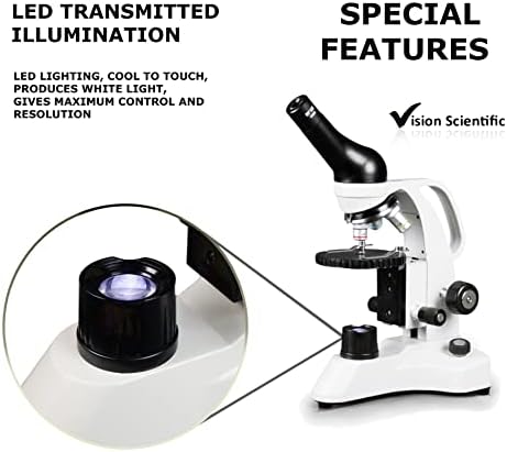 Vision Scientific VME0006-RC-E2 Microscópio sem fio LED, ampliação de 40-800x, peça de nariz reversa, iluminação LED, estágio flutuante redondo, foco grosso e fino, 110V ou bateria recarregável