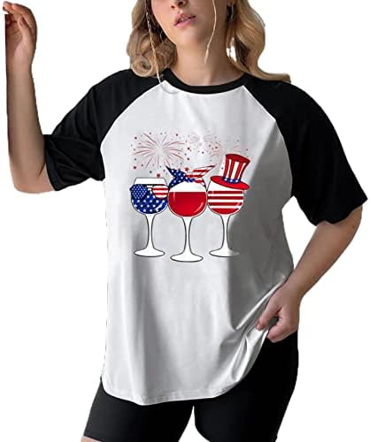 Miashui camiseta de camiseta Independência bandeira de tripulação solta com ombro com manga curta camiseta mulher mulher de manga comprida tee