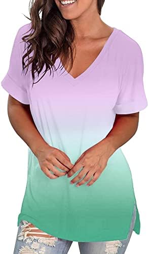 Camisetas soltas de ajuste para mulheres - verão casual rolo de manga curta vos de pescoço lateral camisetas laterais blusas de tinta de tinta