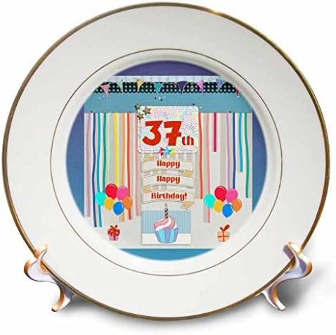 Imagem 3drose de 37ª etiqueta de aniversário, cupcake, vela, balões, presente, streamers - placas