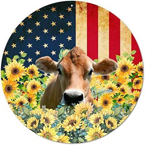 Signo de lata de metal vintage bandeira dos EUA e animais de fazenda engraçados girassóis de girassóis de vaca placa de porta retro