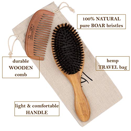 Escova de cabelo de cerda de javali para mulheres e homens - projetado para cabelos finos e normais - adiciona brilho e melhora a textura do cabelo - pente de madeira e bolsa de presente incluída