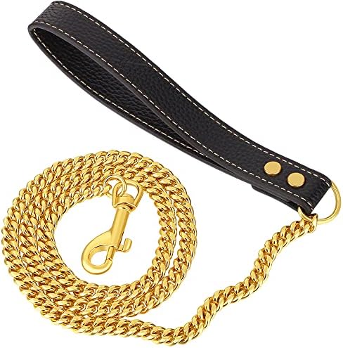Idofas Gold Dog Chain Leash 18k ouro aço inoxidável Link Coloque de cachorro com alça de couro para cadeias de colarinho de cães