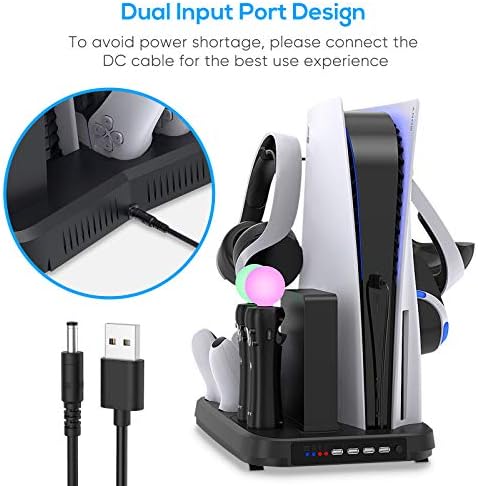 Stand de exibição de carregamento compatível com PS5 VR, suporte vertical com ventilador de resfriamento compatível com PS5 De/UHD Storage Storage Charger Station Compatível com PS5/PS5 VR Controlador com 4 USB Hub