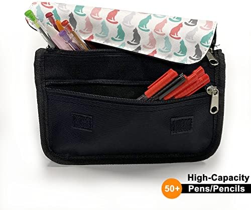 Caixa de lápis de gato lunarável, silhuetas coloridas sentadas, bolsa de lápis de caneta com zíper duplo, 8,5 x 5,5, creme