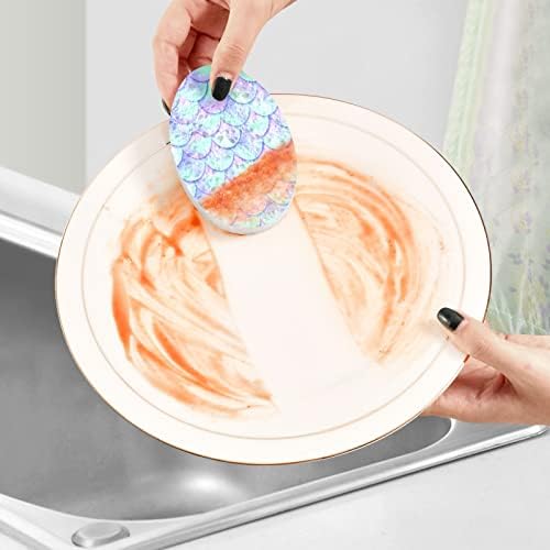 Alaza holográfica rosa e azul sereia cauda esponjas naturais de cozinha esponja de celulose para pratos lavando banheiro e limpeza doméstica, não arranhada e ecológica, 3 pacote