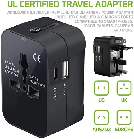 Viagem USB Plus International Power Adapter Compatível com Micromax Canvas Fire 3 Para energia mundial para 3 dispositivos USB TypeC, USB-A para viajar entre EUA/UE/AUS/NZ/UK/CN