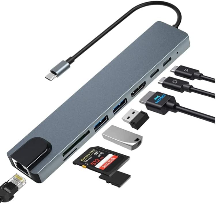 8 em 1 hub 8 portas tipo C para HDMI TF SD Hub Laptop Ponto de docking Universal