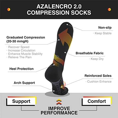 Meias de compressão Azalencro 2.0 para homens e mulheres ， 20-30mmgh Suporte para atléticos 、 Execução 、 circulação
