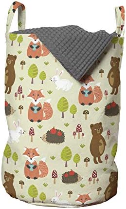 Bolsa de lavanderia de desenho animado de Ambesonne, rabiscos da floresta com ursos Hedgehog Fox Trees Mushrooms Fantasy