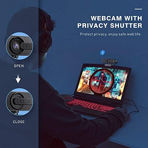 HD 1080p Webcam com tripé para laptop para computadores PC com foco automático, obturador de privacidade e câmera da web externa dupla